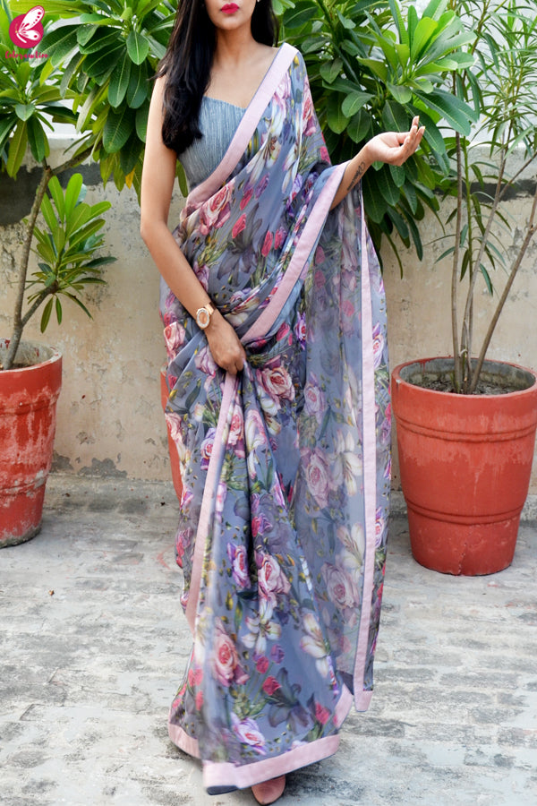 Grey Digital Print Satin Georgette Saree