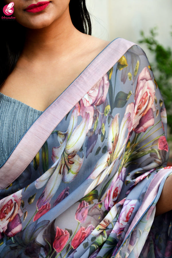 Grey Digital Print Satin Georgette Saree