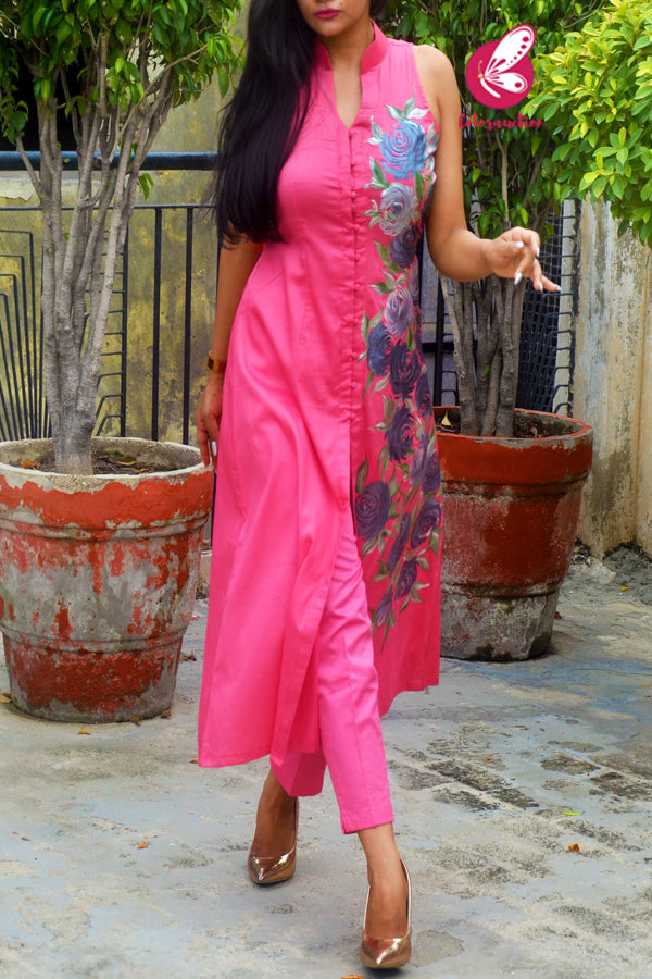 Carrot Pink Cotton Silk Handpainted Kurti with Carrot Pink Cotton Silk Pants