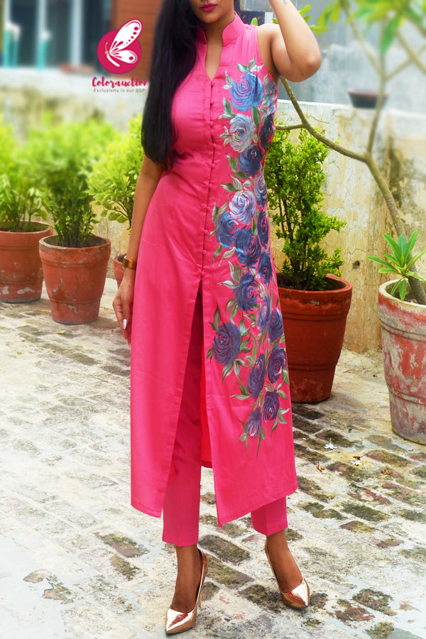 Carrot Pink Cotton Silk Handpainted Kurti with Carrot Pink Cotton Silk Pants