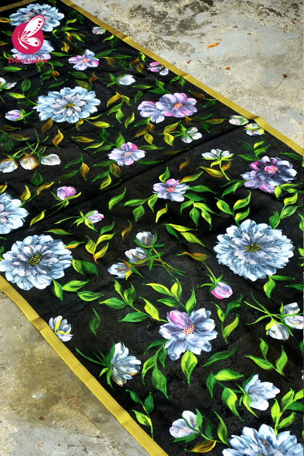 Black Pure Organza Handpainted Colorful Floral Stole