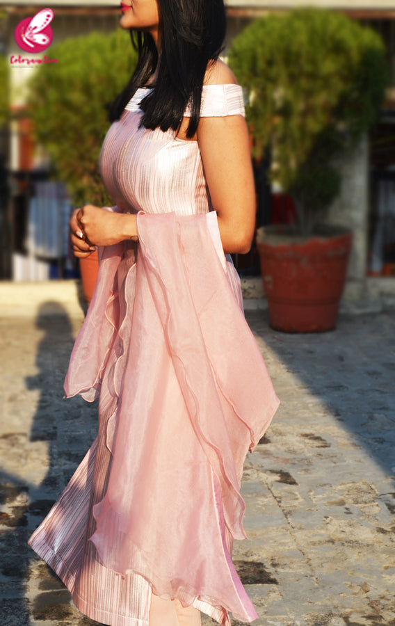 Baby Pink Metallic Padded Pure Crepe Kurti with Baby Pink Cotton Silk Pants and Baby Pink Pure Organza Ruffle Stole