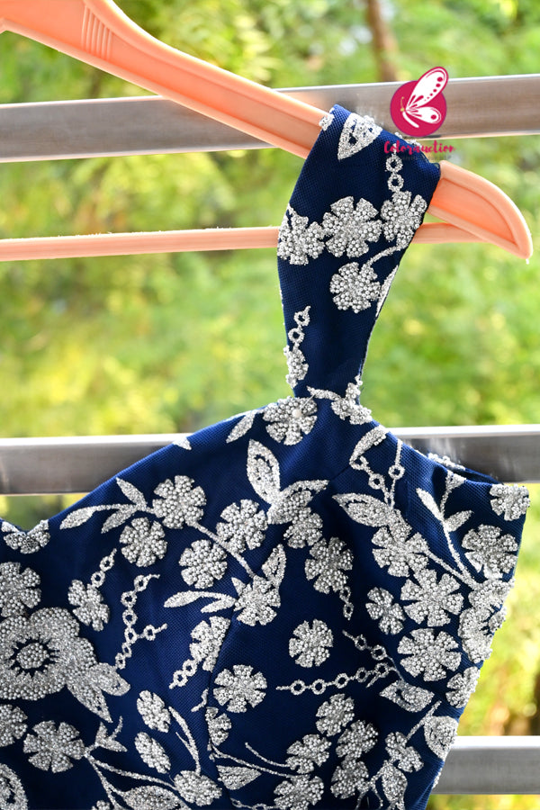 Blue Embellished Backless Padded Net Blouse