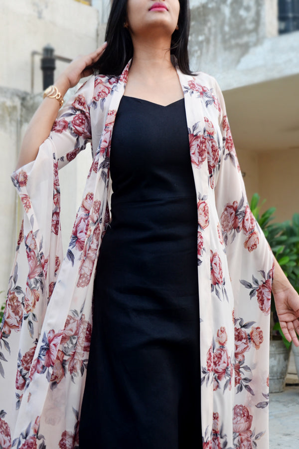 Off White Georgette Printed Floral Shrug