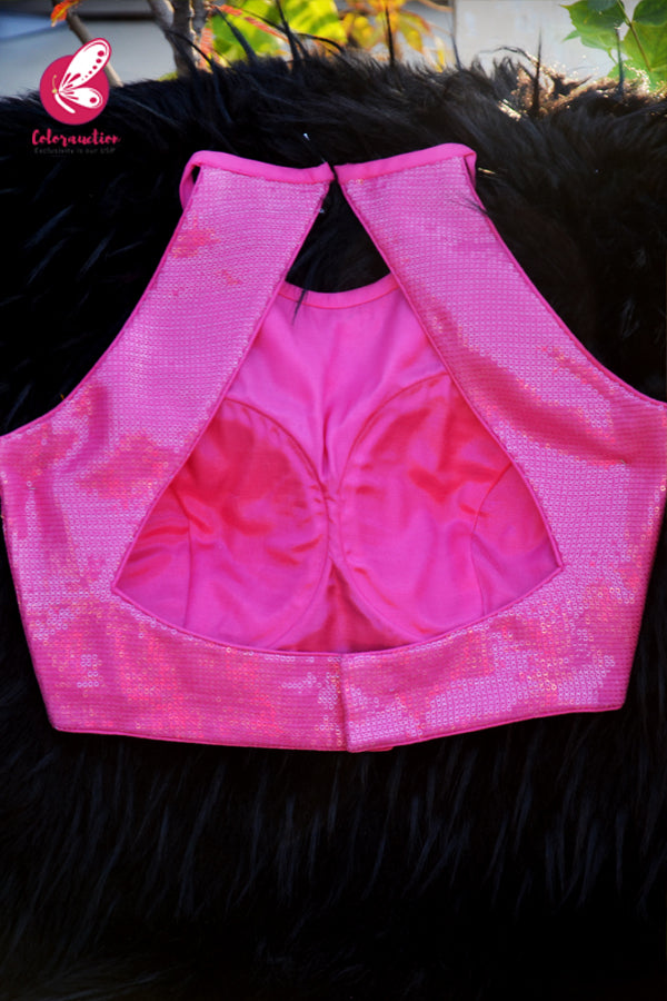 Pink Sequins Backless Padded Blouse