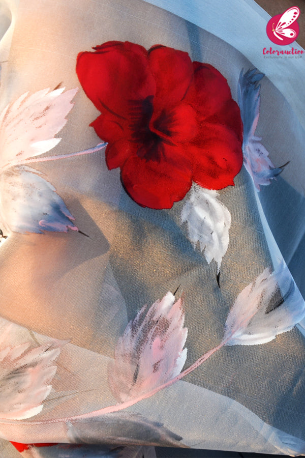 Off White Red Floral Pure Organza Floral Handpainted Stole
