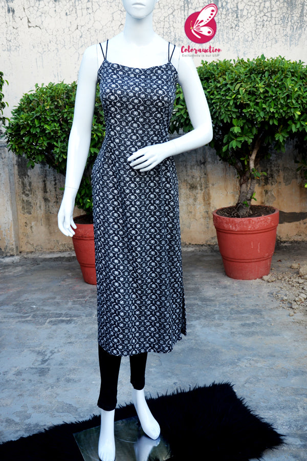 Black &amp; White Printed Cotton Strappy Kurti