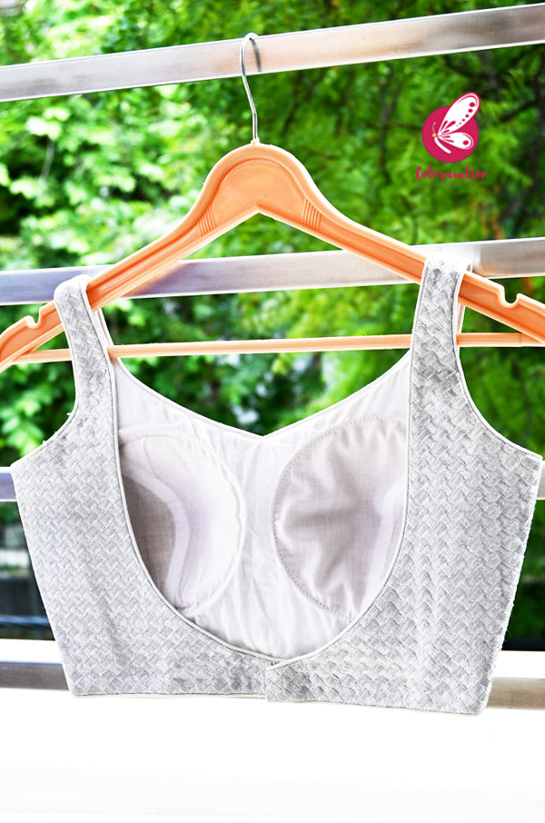 Silver Textured Fancy Round-V Neck Padded Backless Blouse