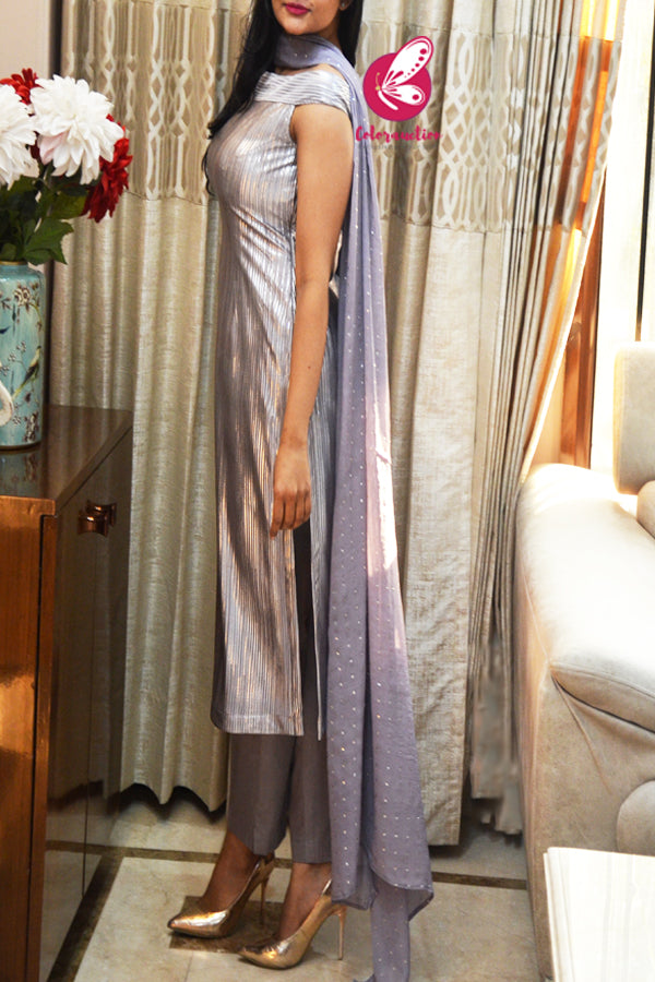 Silver Grey Pure Crepe Padded Off Shoulder Kurti With Silver Grey Cotton Silk Pants and Silver Grey Mukaish Georgette Dupatta