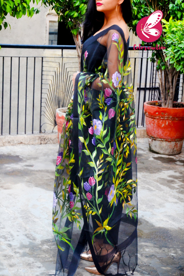 Black Pure Organza Hand painted Floral Stole