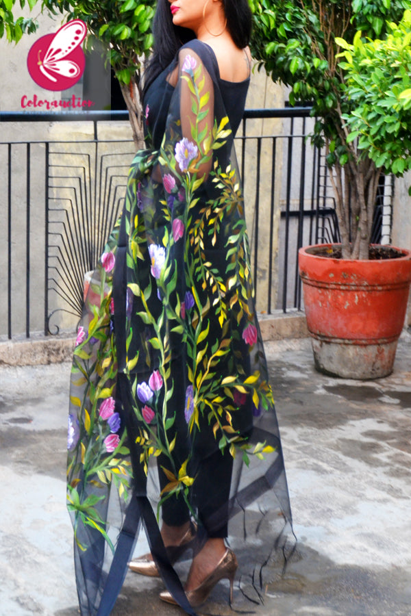 Black Pure Organza Hand painted Floral Stole
