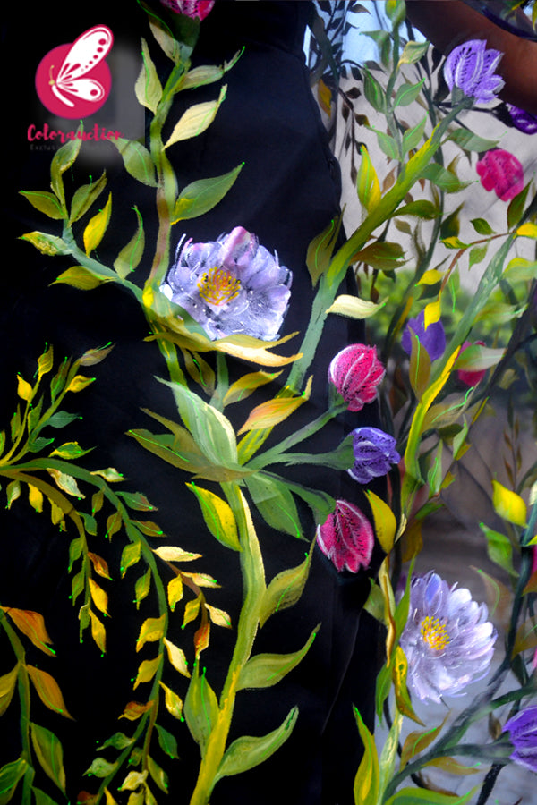 Black Pure Organza Hand painted Floral Stole