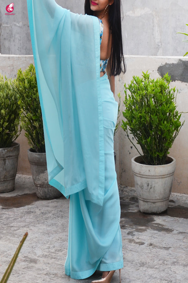 Pastel Sky Blue Silk Georgette Taping Saree