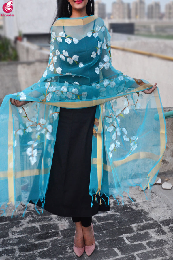 Sky Blue Oraganza Handpainted Floral Stole
