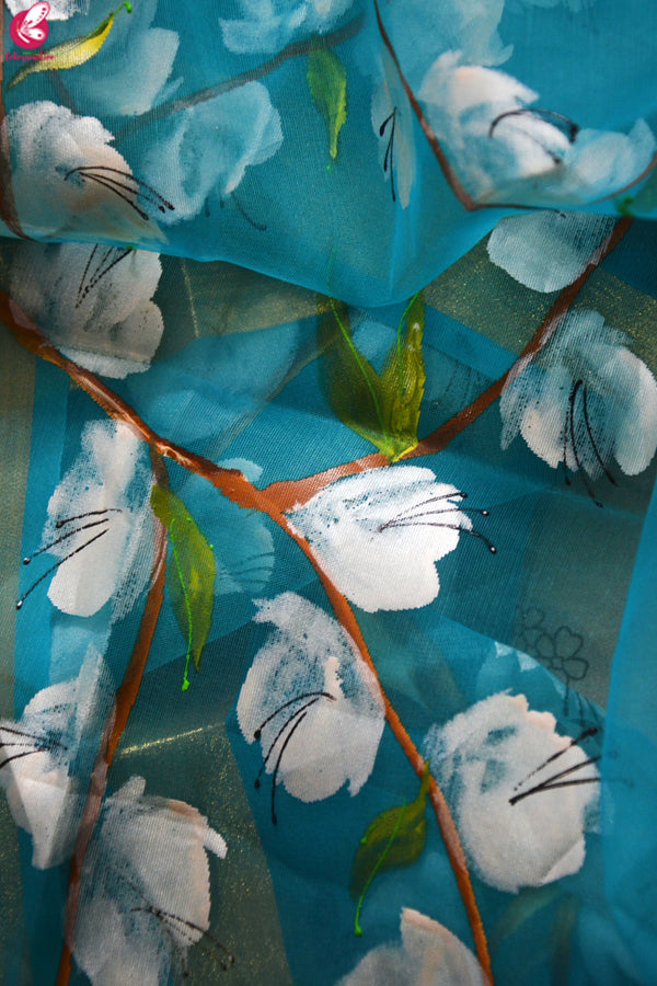 Sky Blue Oraganza Handpainted Floral Stole