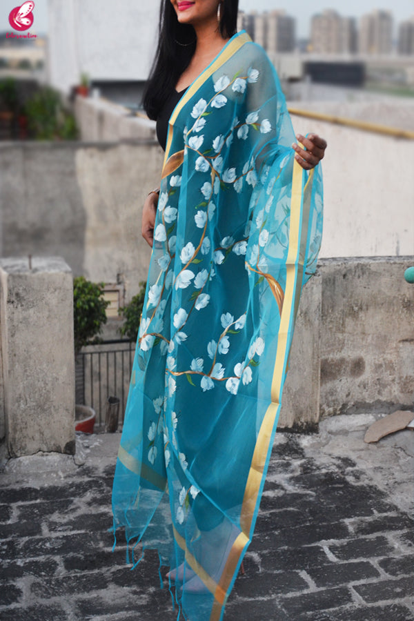 Sky Blue Oraganza Handpainted Floral Stole