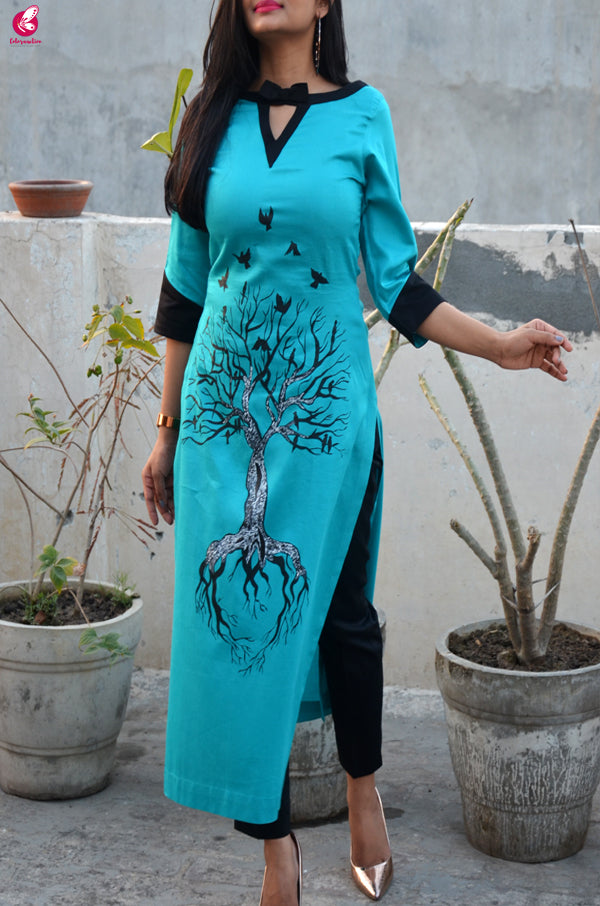 Blue Cotton Hand-Painted Straight Kurti