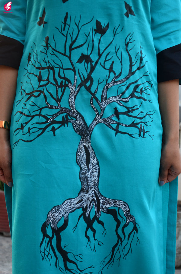 Blue Cotton Hand-Painted Straight Kurti