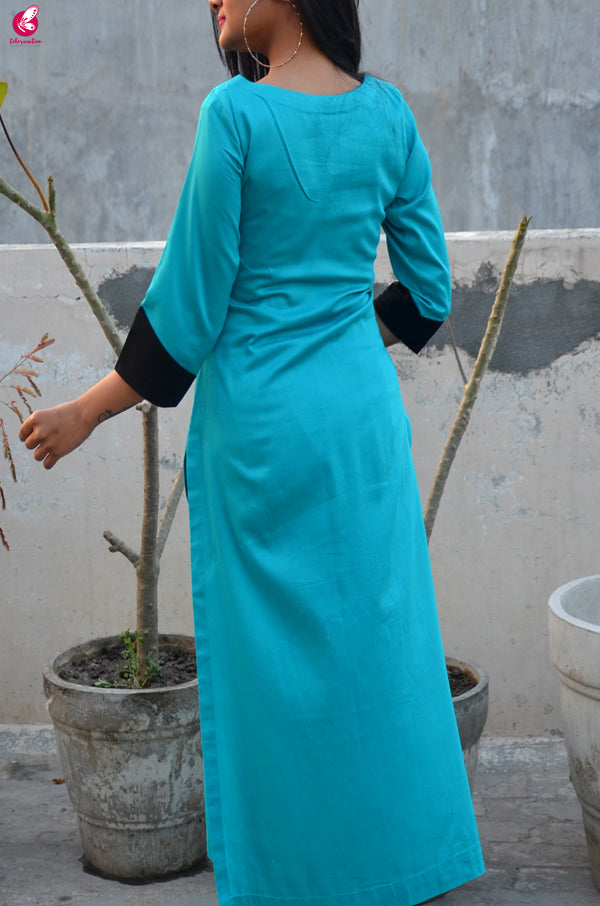 Blue Cotton Hand-Painted Straight Kurti