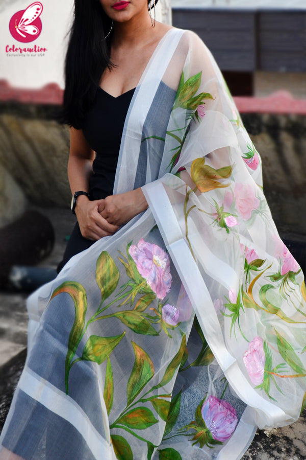 White Organza Hand painted Floral Stole