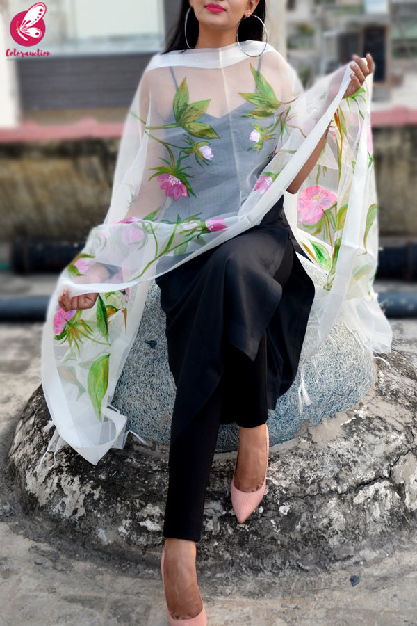 White Organza Hand painted Floral Stole
