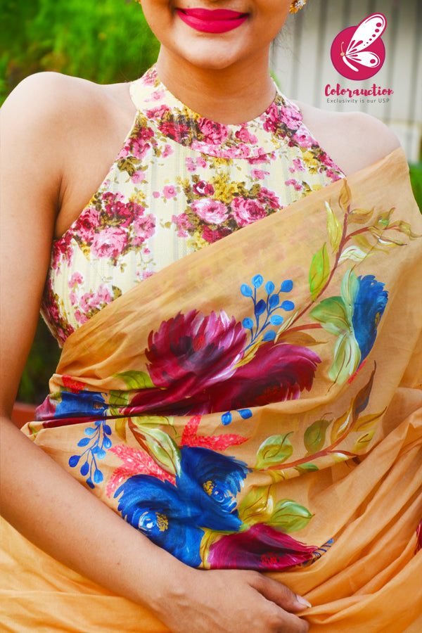 Multicoloured Hand-painted Floral Organdy Saree
