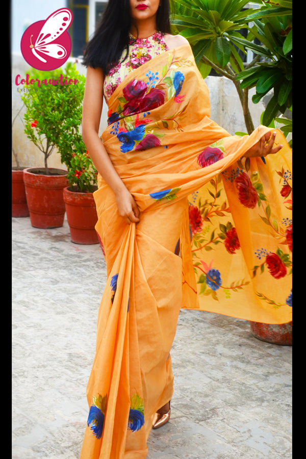 Multicoloured Hand-painted Floral Organdy Saree