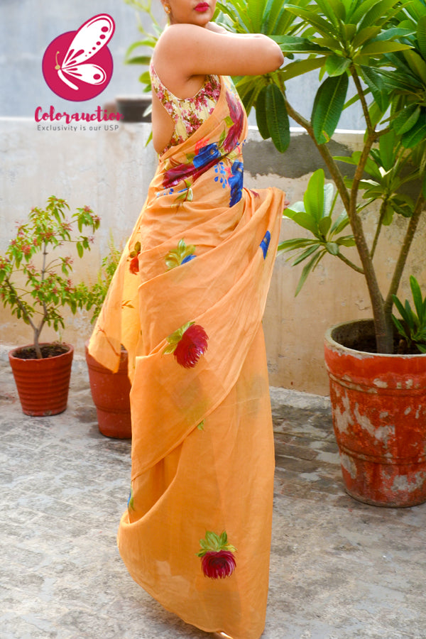 Multicoloured Hand-painted Floral Organdy Saree