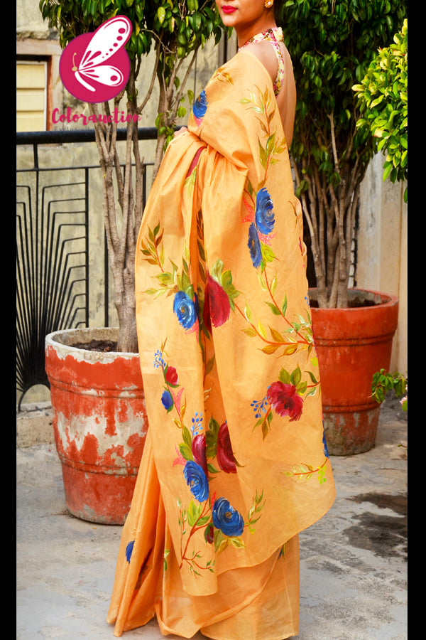 Multicoloured Hand-painted Floral Organdy Saree