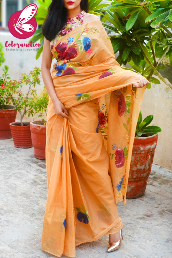 Multicoloured Hand-painted Floral Organdy Saree