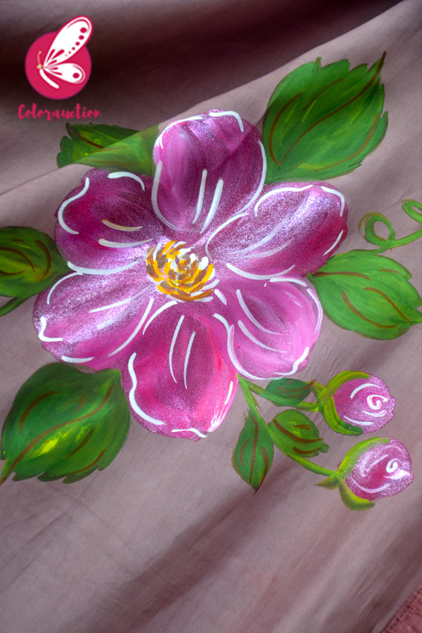 Mauvish Hand Painted Floral Pure Silk Chiffon Saree