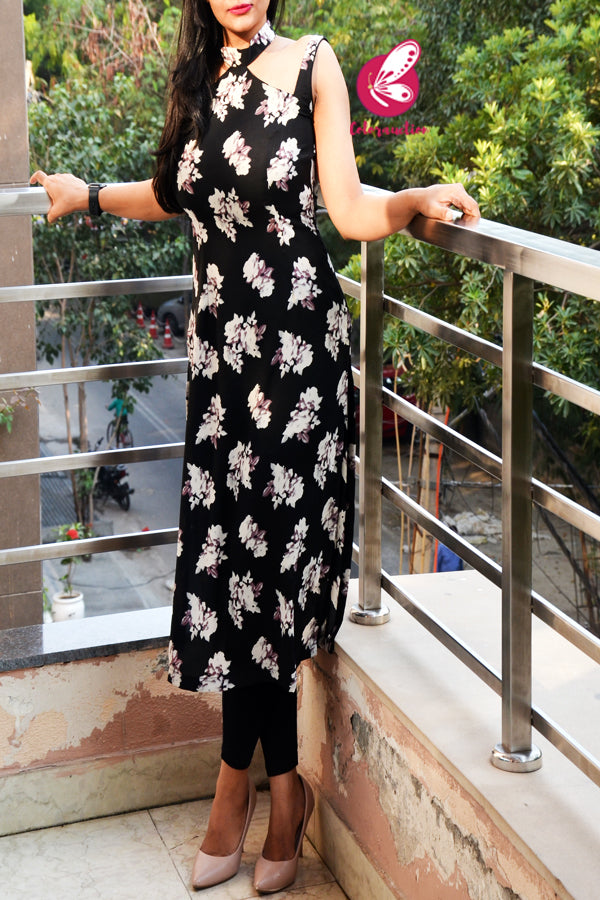 Black &amp; Mauve Sleevelss Printed Crepe Straight Fit Kurti