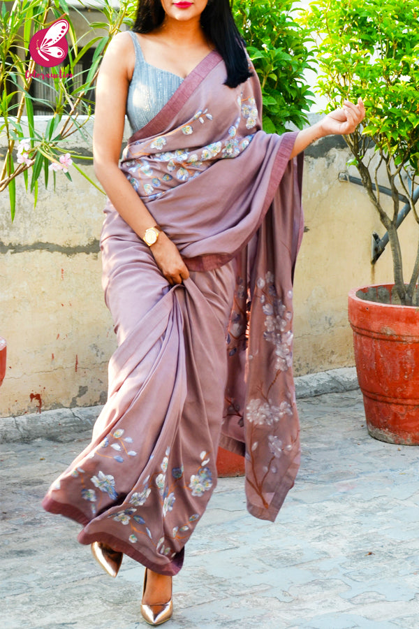 Mauve Hand-painted Viscose Crepe Floral Saree