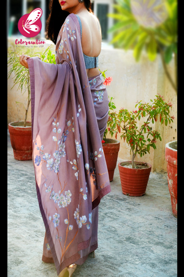 Mauve Hand-painted Viscose Crepe Floral Saree