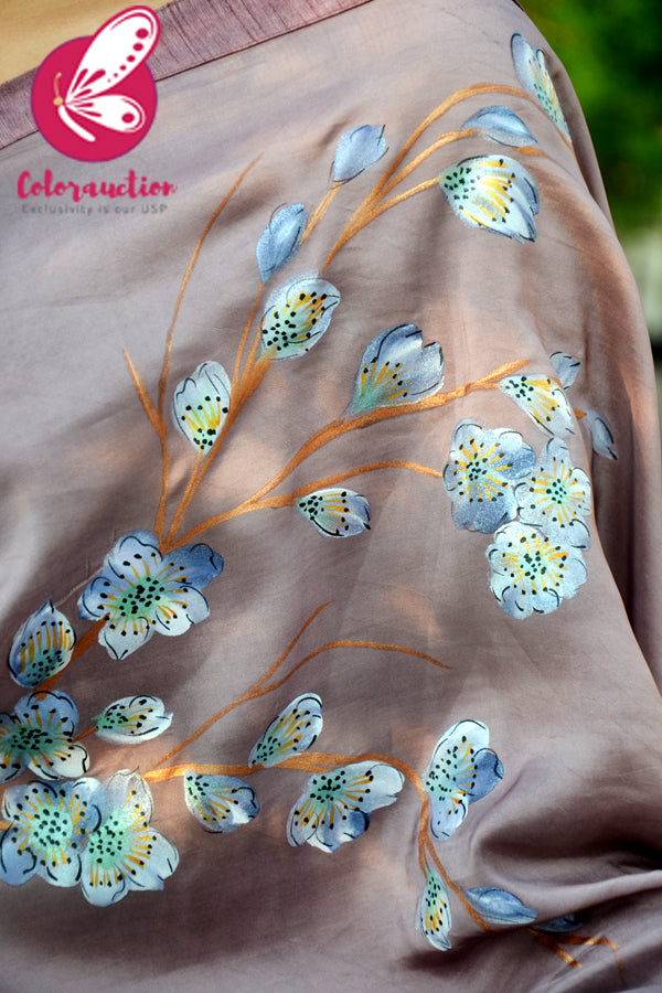 Mauve Hand-painted Viscose Crepe Floral Saree