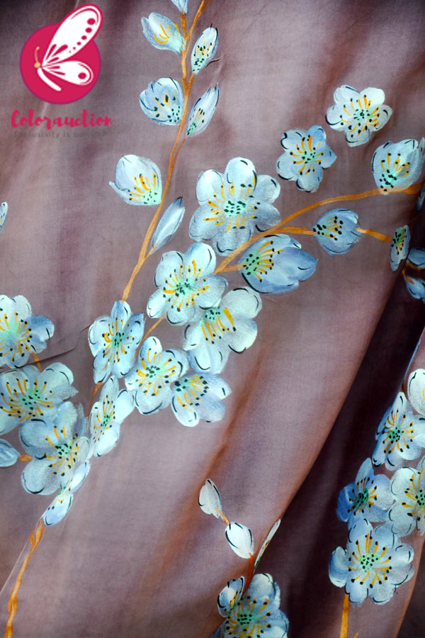 Mauve Hand-painted Viscose Crepe Floral Saree