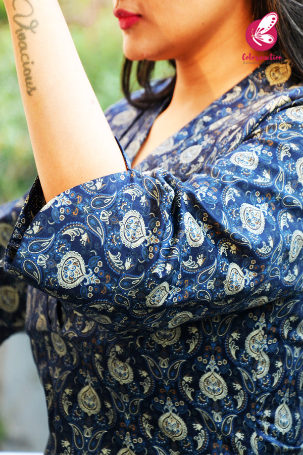 Navy Blue Printed Cotton Silk Straight Fit Kurti
