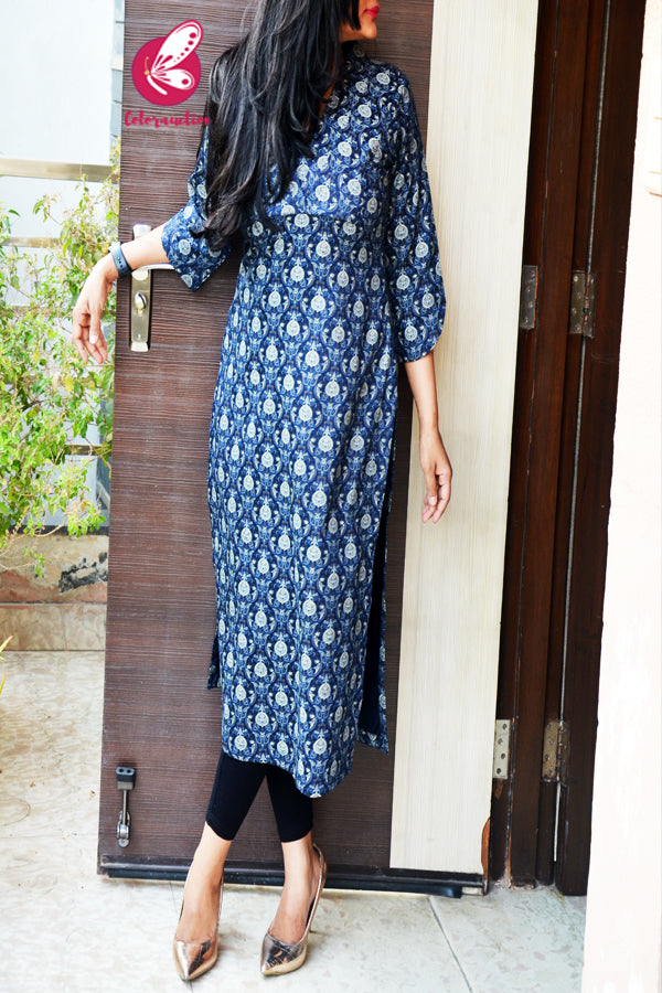 Navy Blue Printed Cotton Silk Straight Fit Kurti