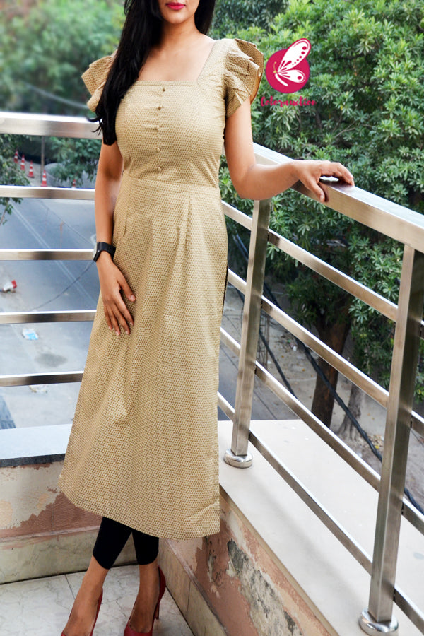 Beige Frill Sleeves Honey Comb Print Cotton Silk Kurti