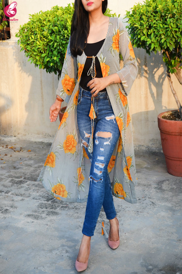 Multicolored Printed Georgette Long Floral Shrug