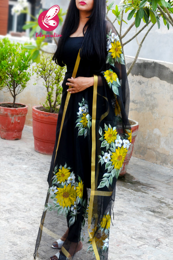 Black Pure Organza Sunflower Hand painted Stole