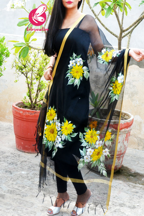 Black Pure Organza Sunflower Hand painted Stole