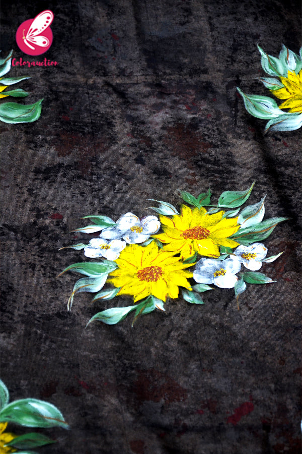 Black Pure Organza Sunflower Hand painted Stole