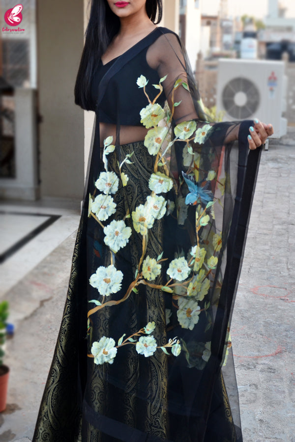 Black Organza Hand painted Floral Stole