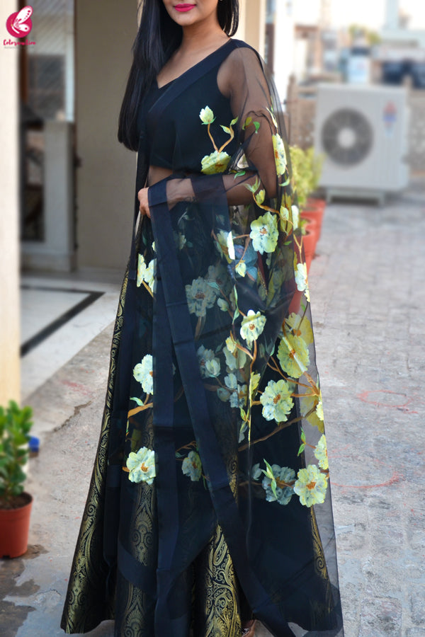 Black Organza Hand painted Floral Stole