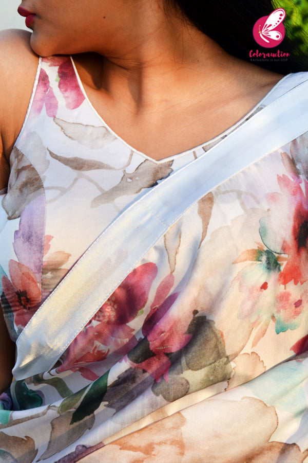 Off White Multicoloured Printed Satin White Satin Taping Saree