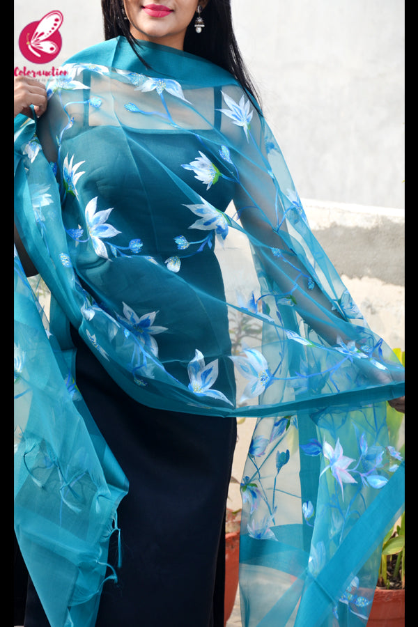 Teal Green Organza Hand painted White Floral Stole