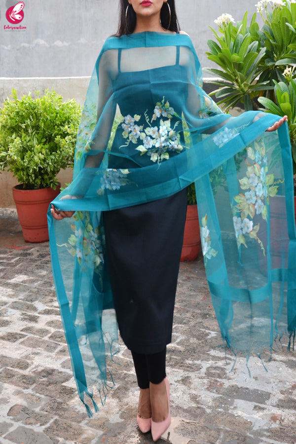 Teal Green Organza Floral Handpainted Stole