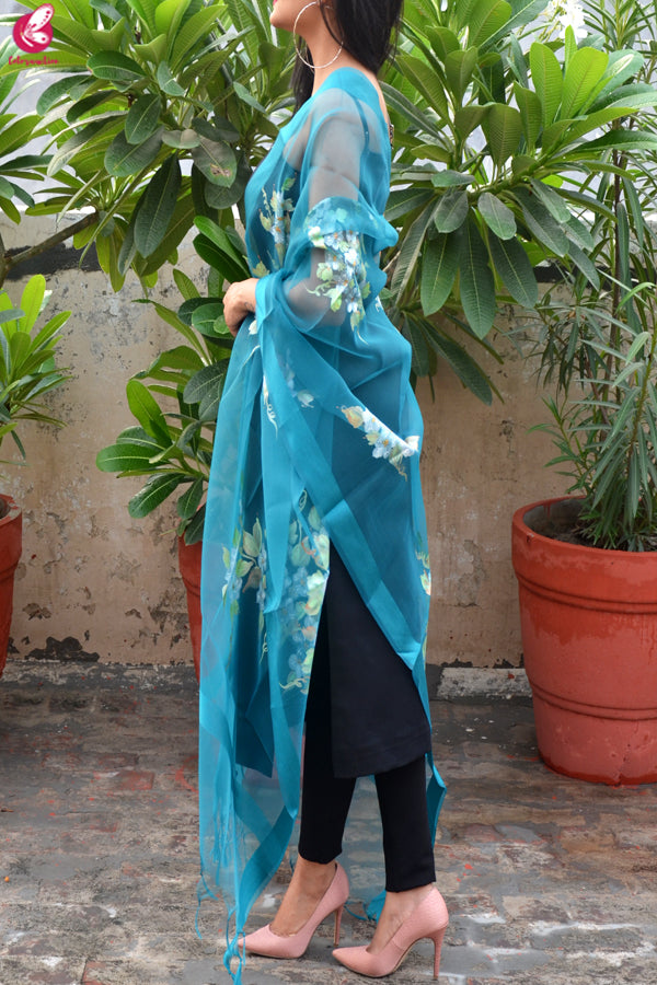 Teal Green Organza Floral Handpainted Stole