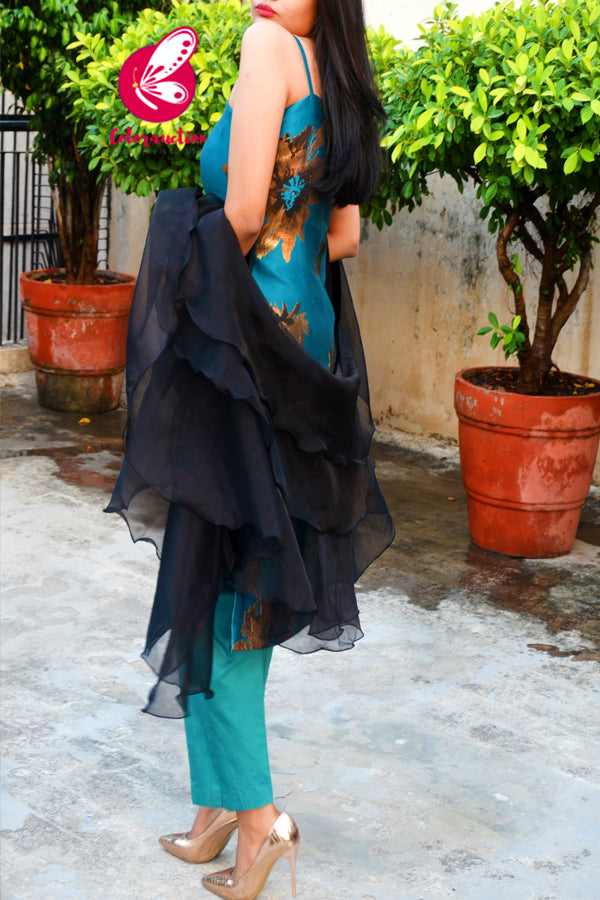 Teal Blue &amp; Golden Brocade Silk Padded Kurti with Cyan Cotton Silk Pants and Black Pure Organza Three-Tier Ruffle Stole